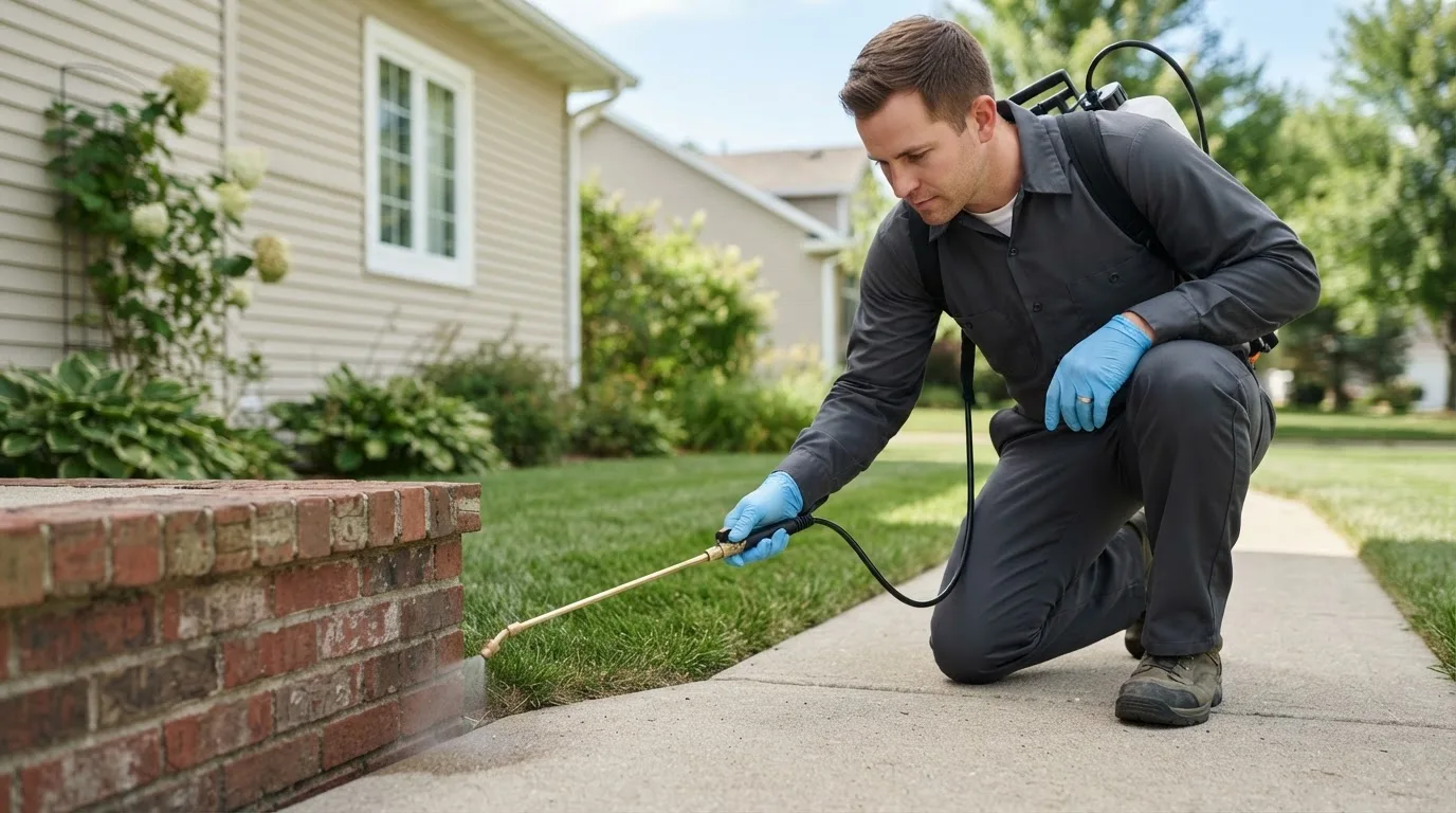Pest control technician treating a home near Lazbuddie, TX