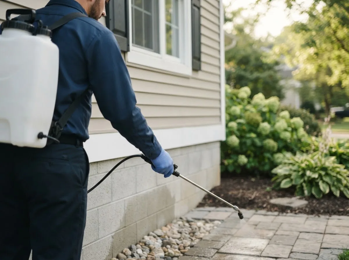 Pest control technician inspecting a home in Lazbuddie, TX